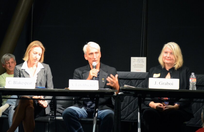 Left to right: Catherine Blakespear, Alan Lerchbacker and Julie Graboi discuss city issues at an Oct. 9 forum at the Encinitas Library.