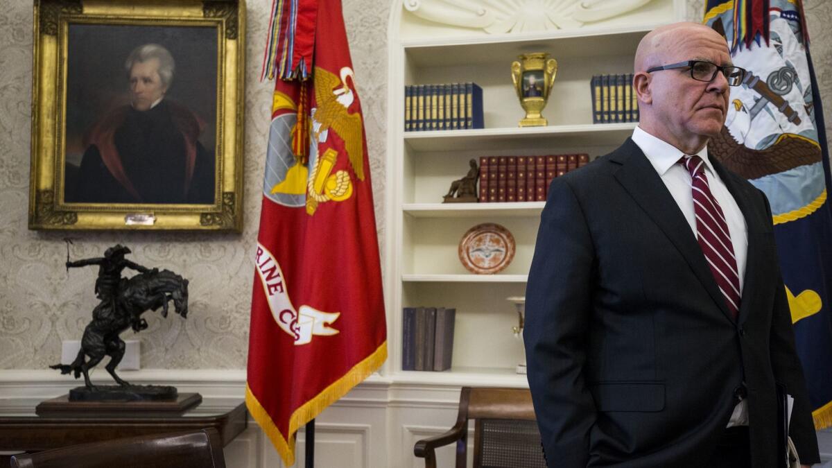 National security advisor H.R. McMaster listens as President Trump meets with North Korean defectors in the White House on Friday.