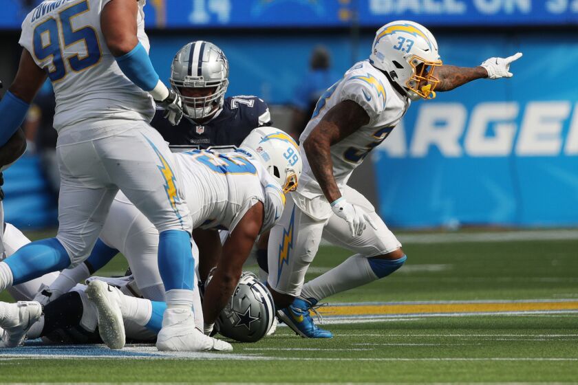INGLEWOOD, CA - SEPTEMBER 19, 2021: Los Angeles Chargers free safety Derwin James (33) reacts after a sack.