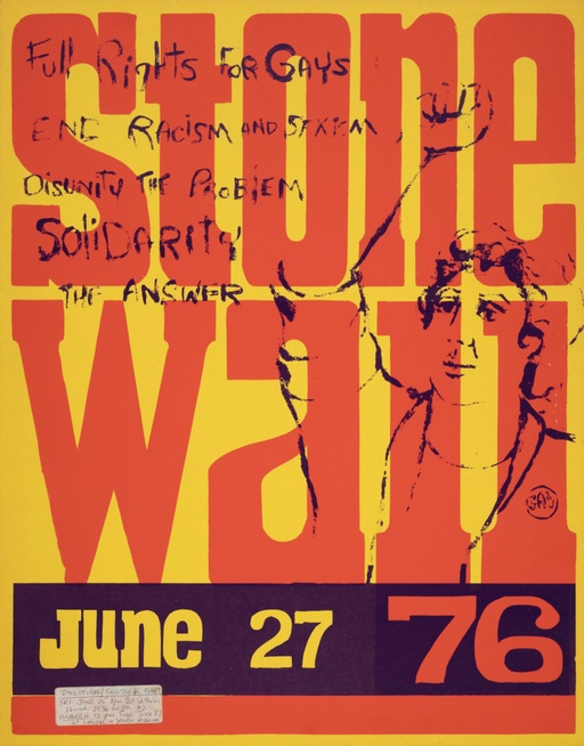 A poster reading "Stonewall" in large stylized type calls for unity at a protest for gay rights and against racism and sexism