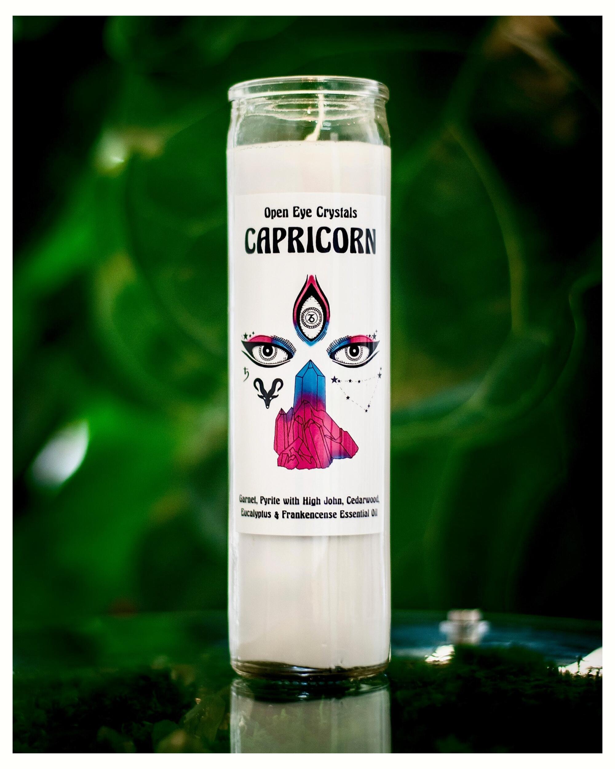 A Capricorn candle by Open Eye Crystals 