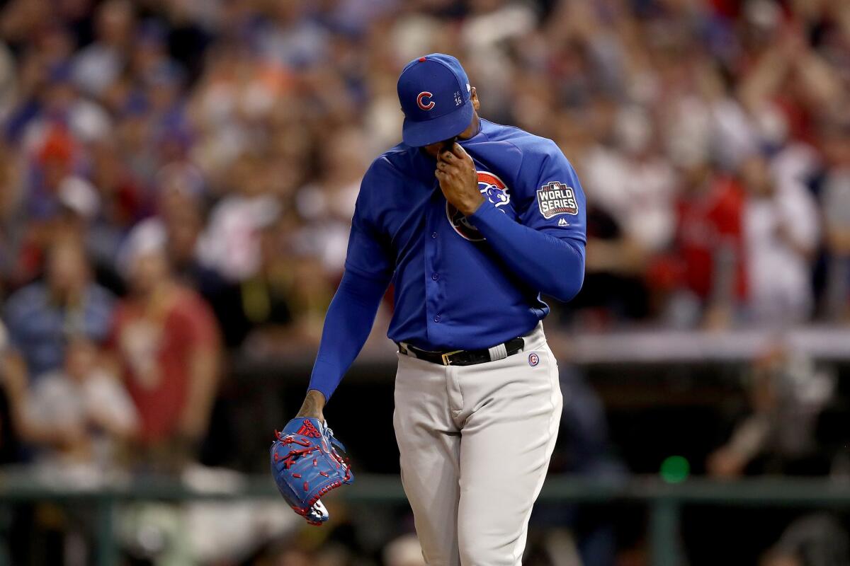 Cubs pitcher Aroldis Chapman reacts after giving up a home run in Game 7 of the World Series in Cleveland on Nov. 2.