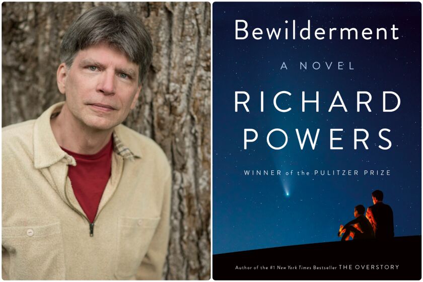 A split image of a man in a cream sweater and a blue book cover for "Bewilderment" by Richard Powers