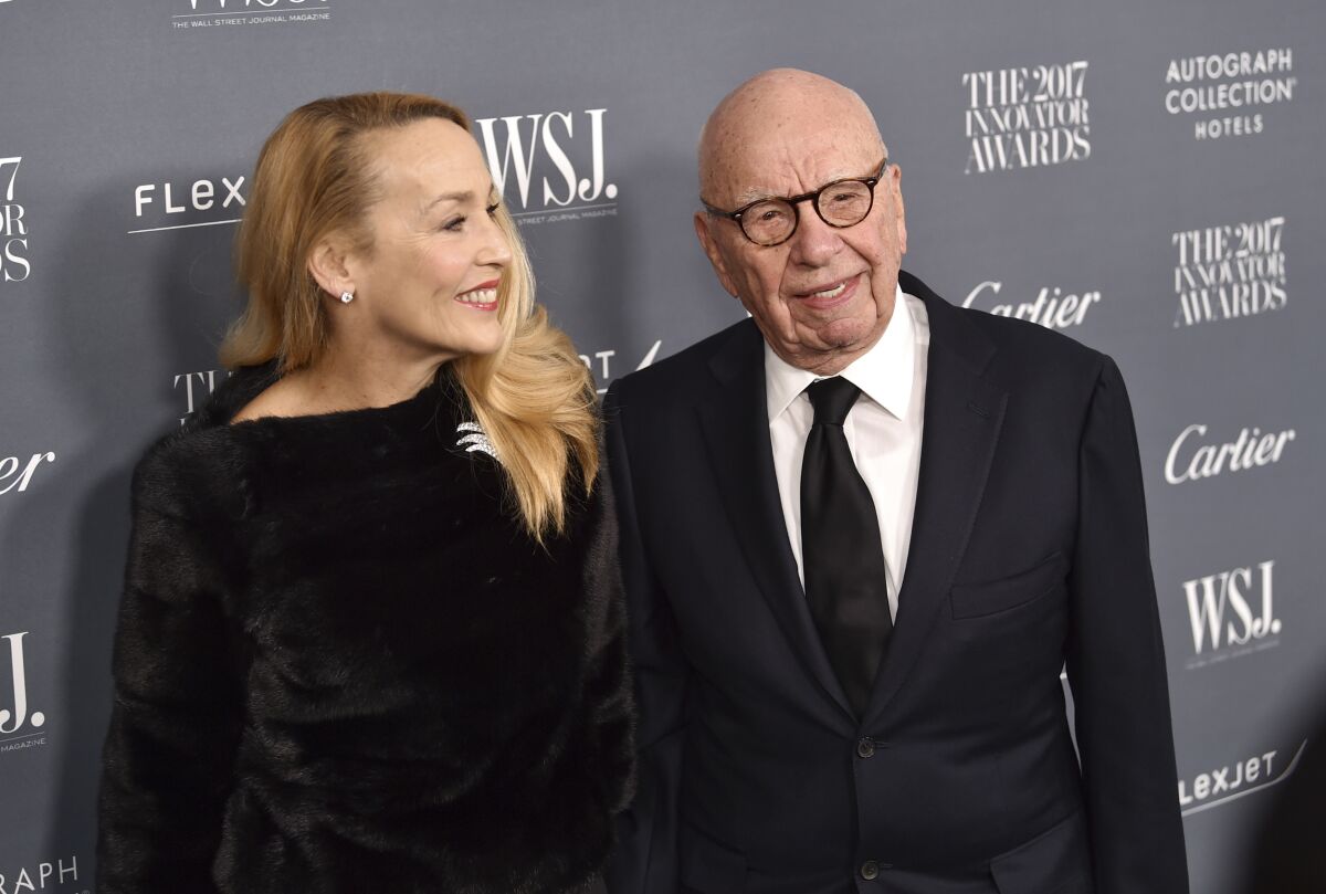 FILE - Fox News chairman and CEO Rupert Murdoch and wife Jerry Hall attend the WSJ. Magazine 2017 Innovator Awards at The Museum of Modern Art on Nov. 1, 2017, in New York. Hall filed a request in Los Angeles Superior Court on Wednesday, Aug. 10, 2022, to dismiss her original petition for divorce from Murdoch from July 1, with permission to file a new one. They have agreed to the terms of their pending divorce, Hall's attorney said Thursday, Aug. 11. (Photo by Evan Agostini/Invision/AP, File)