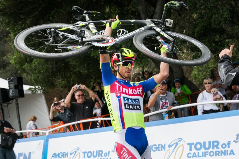 Peter Sagan celebrates after winning the 2015 Amgen Tour of California in Pasadena.