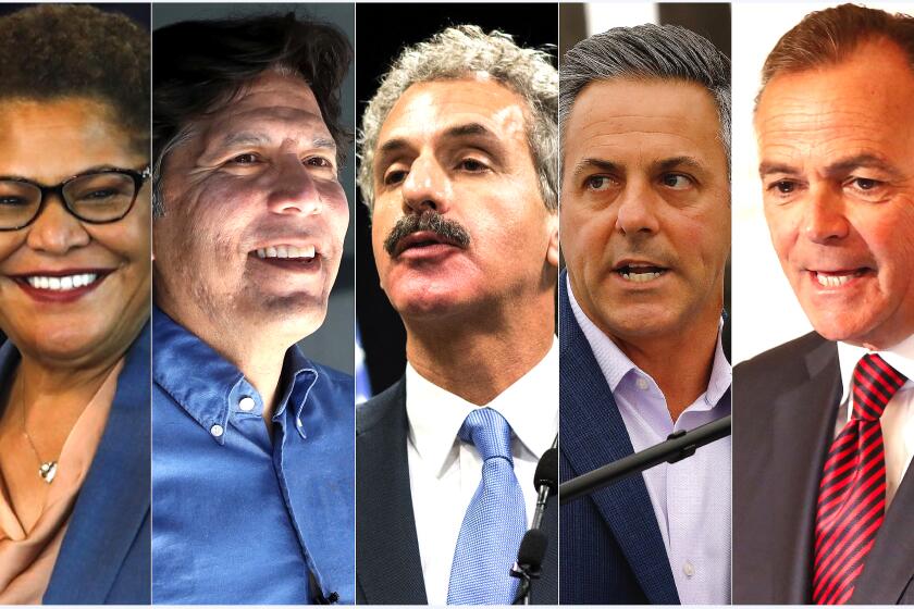 The second mayoral debate will include from left: include Rep. Karen Bass (D-Los Angeles), City Councilmen Kevin de Leon, City Atty. Mike Feuer, City Councilmen Joe Buscaino and billionaire developer Rick Caruso.