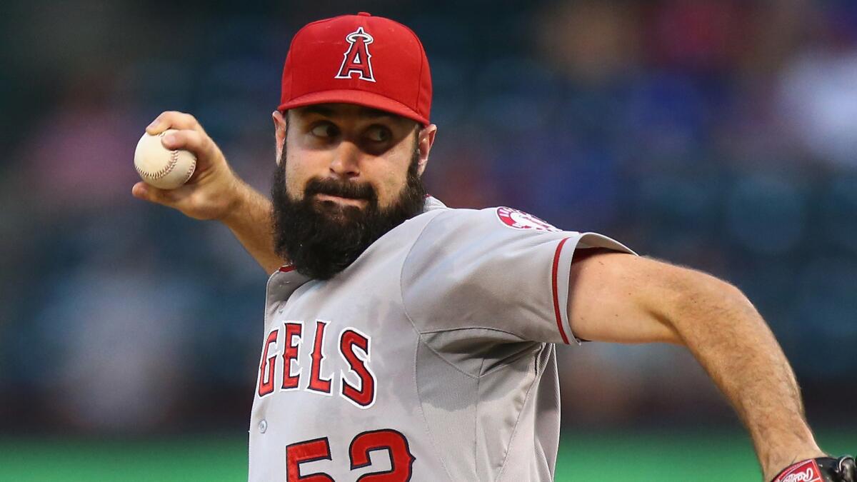 Angels starter Matt Shoemaker delivers a pitch during a Sept. 10 game against the Texas Rangers. Shoemaker suffered a rib-cage strain Monday against the Seattle Mariners.
