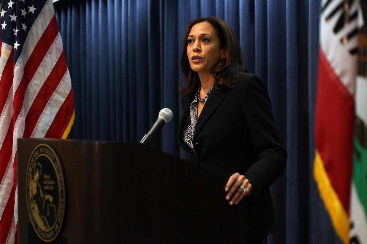 California Atty. Gen. Kamala Harris speaks at a news conference in Los Angeles in early February.
