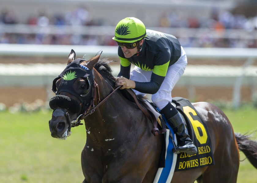 One of Flavien Prat's five stakes wins last week at Del Mar came aboard Bowies Hero in the Grade II, $250,000 Eddie Read Stakes on Sunday.