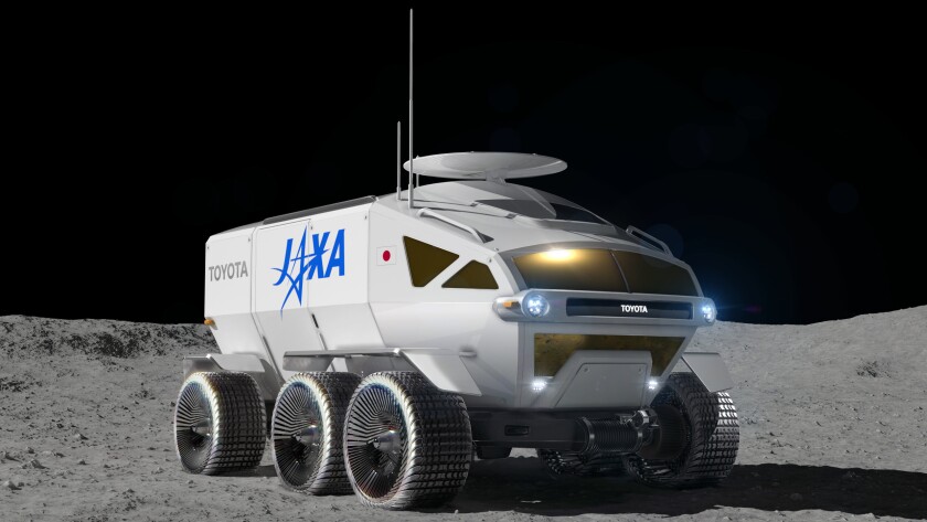 This graphic illustration provided by Toyota Motor Corp. shows a vehicle called "Lunar Cruiser" to explore the lunar surface. Toyota is working with Japan's space agency on the Lunar Cruiser to explore the lunar surface, with ambitions to help people live on the moon by 2040 and then go live on Mars, company officials said Friday, Jan. 28, 2022. (Toyota Motor Corp. via AP)