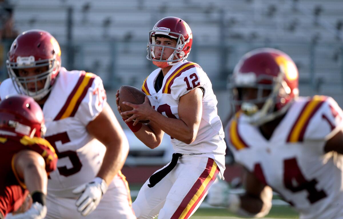 Glendale College quarterback Nathan Eldridge had a pass intercepted in the first quarter against Moorpark on Saturday.