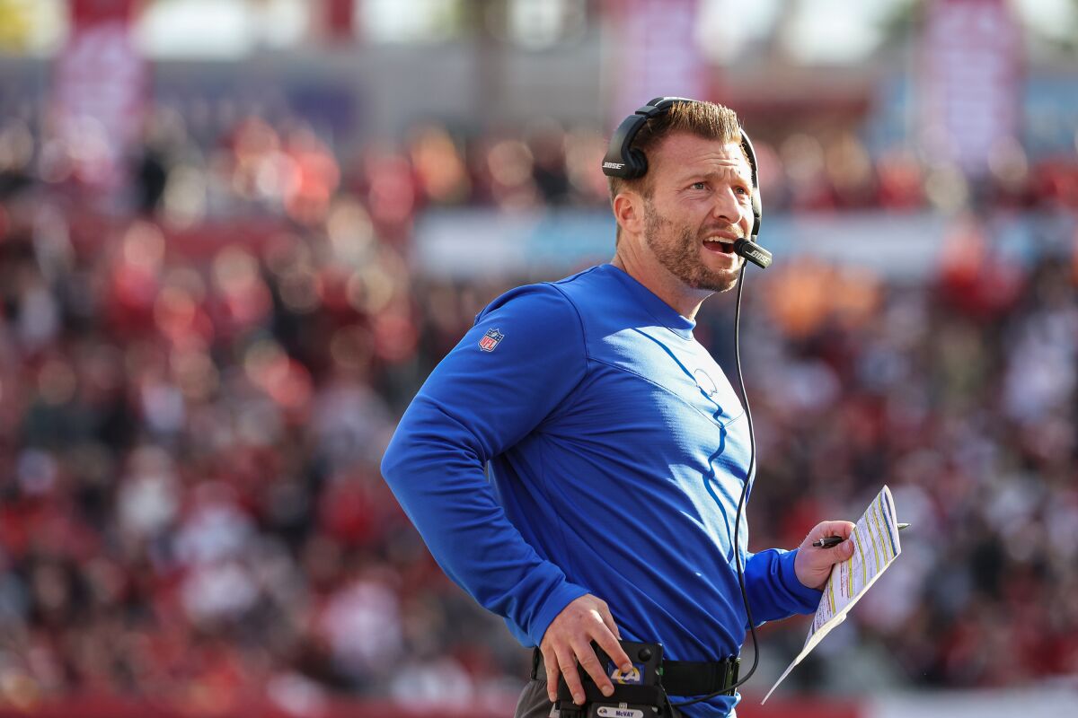 Rams head coach Sean McVay talks on the sidelines during the NFC playoffs in Tampa, Fla.