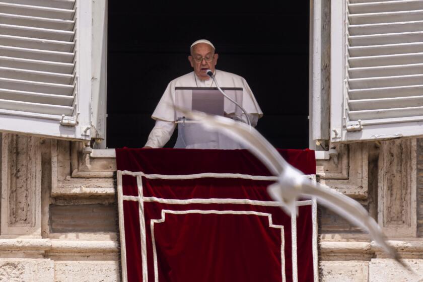Una gaviota vuela ante el papa Francisco durante su comparecencia desde la ventana de su estudio sobre la plaza de San Pedro en el Vaticano, el domingo 9 de junio de 2024. (AP Foto/Domenico Stinellis)
