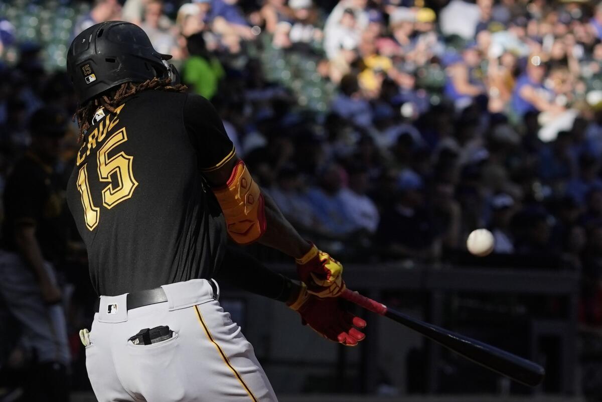 Pittsburgh Pirates' Oneil Cruz hits an RBI double during the seventh inning of a baseball game against the Milwaukee Brewers Saturday, July 9, 2022, in Milwaukee. (AP Photo/Morry Gash)