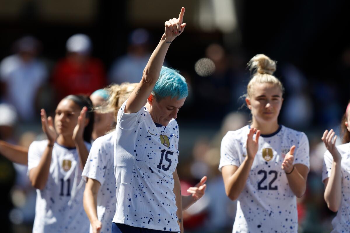U.S. forward Megan Rapinoe gestures before a friendly match against Wales.
