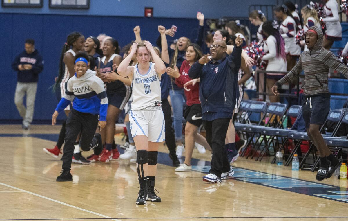 Corona del Mar's Tori Gyselaar walks off the court following a 34-28 loss to Lancaster in a CIF Southern Section Division 3AA quarterfinal playoff game on Wednesday in Newport Beach.