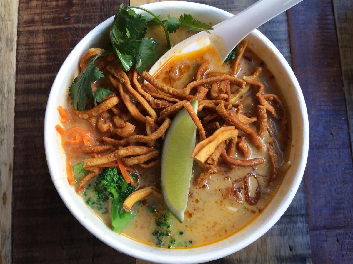 A bowl of veggie khao soi from Fourth Street Market in Santa Ana.