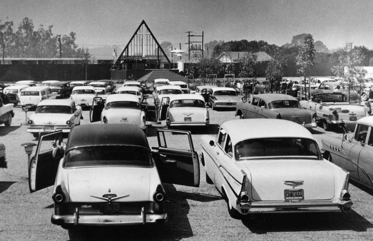 In June 1957, the Rev. Robert Schuller held his Garden Grove Community Church service at the Orange Drive-In. The church had no permanent building and rented the drive-in each Sunday.