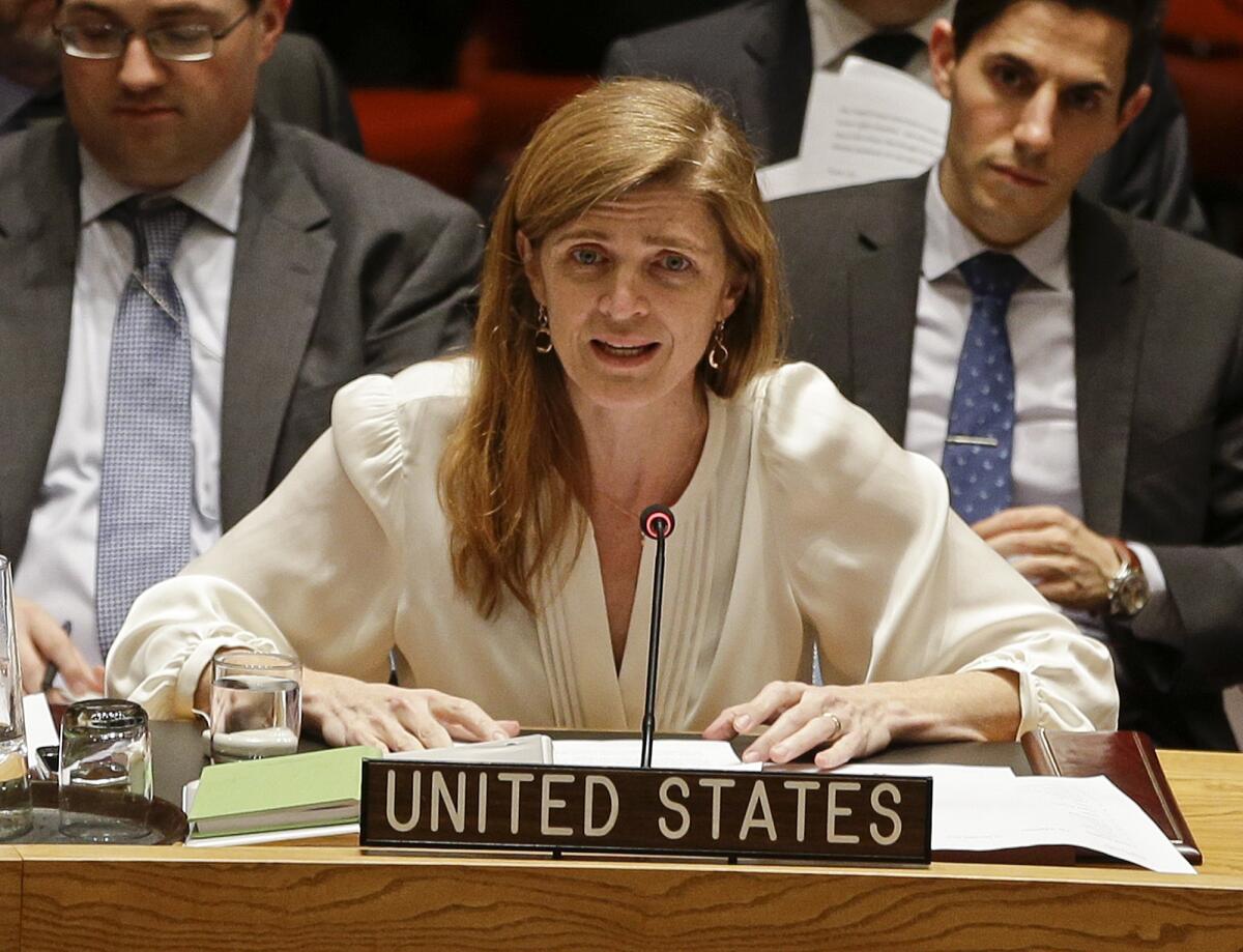 Samantha Power, the U.S. ambassador to the United Nations, speaks Dec. 22 at the Security Council, where North Korea's human rights record was denounced by a majority of the 15 member states.