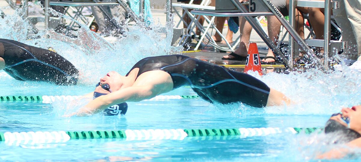 Harvey fires out of the blocks in the 2019 CIF 100 backstroke.