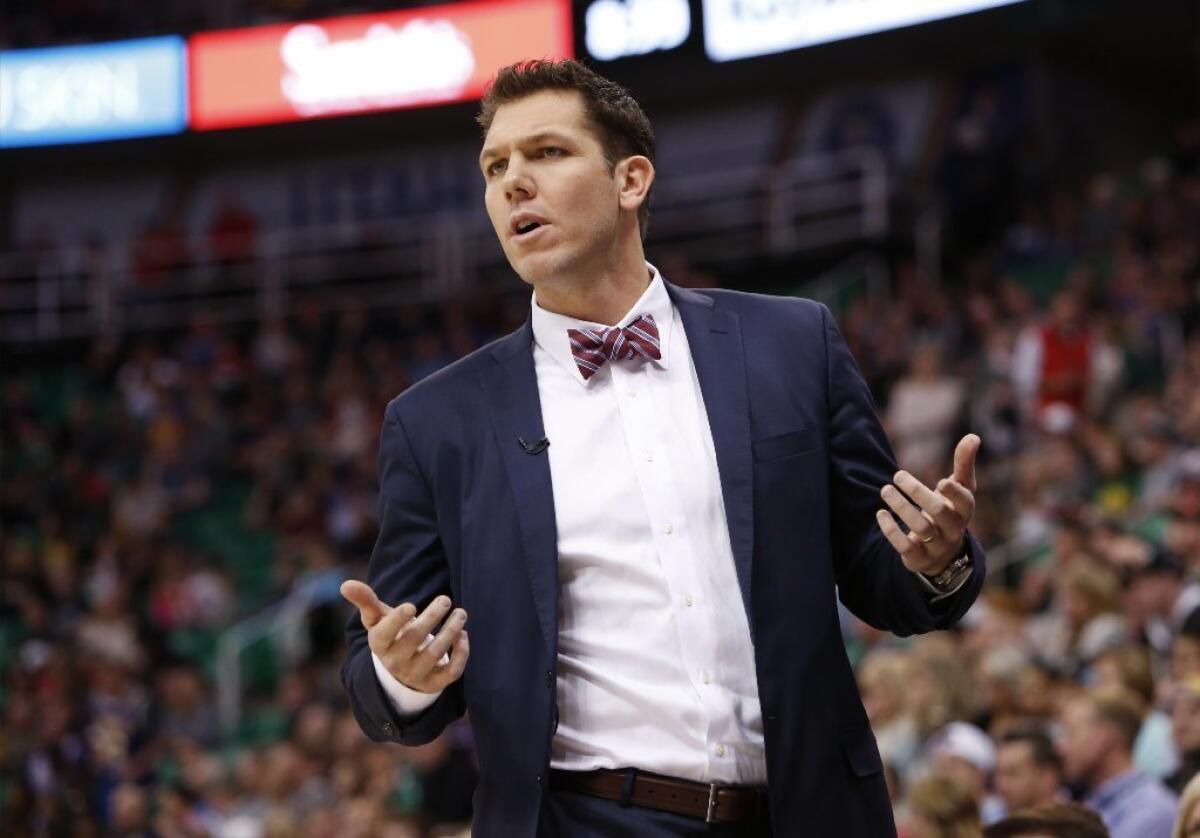 Lakers Coach Luke Walton works the sidelines during a game against the Utah Jazz on Jan. 26.