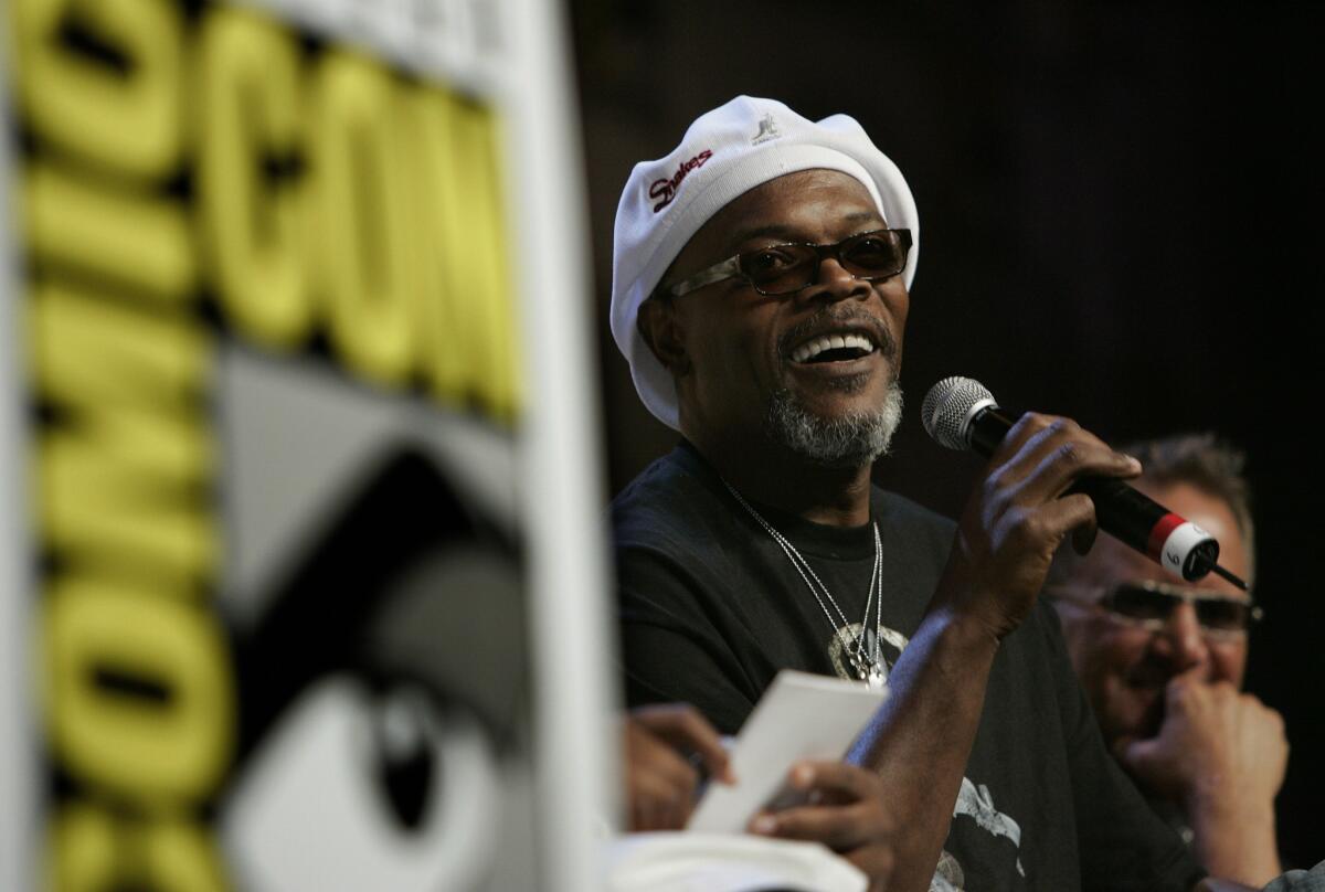 Samuel L. Jackson takes a fan's question during a preview of his film "Snakes on a Plane" at Comic-Con in 2006.