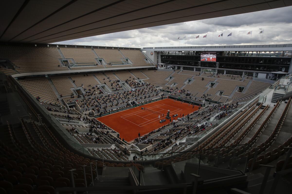 A view of Court Philippe Chatrier at Roland Garros in Paris during Saturday's match between Iga Swiatek and Sofia Kenin.