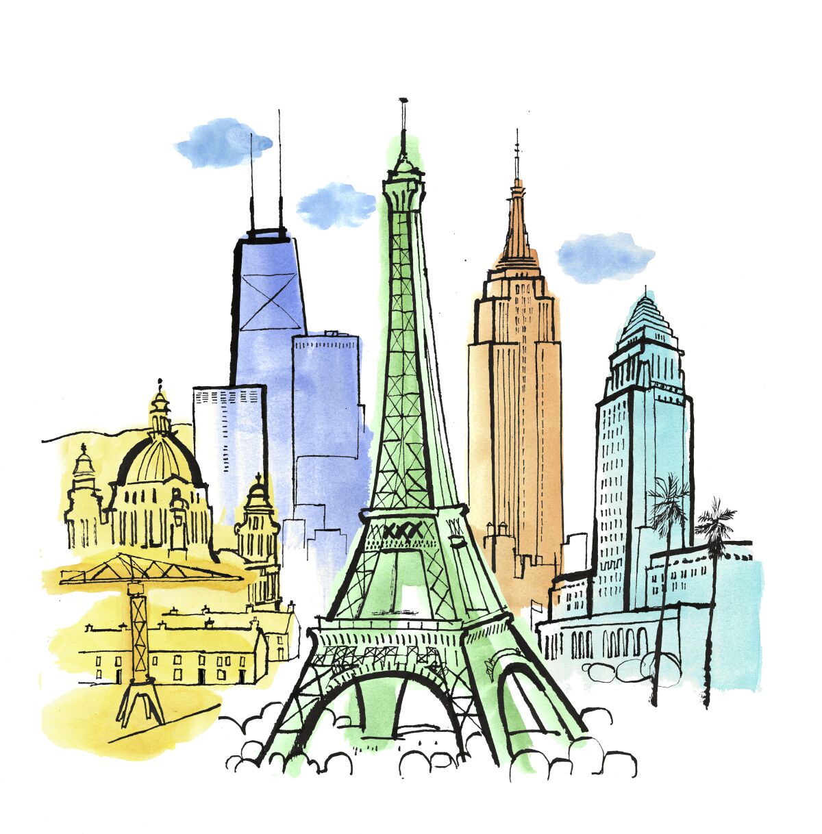 An illustrated skyline featuring architecture from Belfast, Chicago, Paris, New York and Los Angeles.