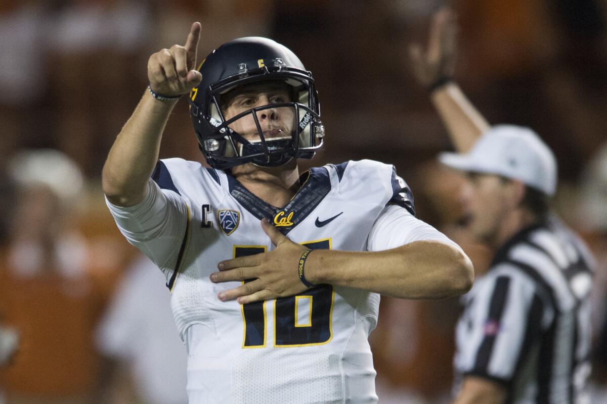 California quarterback Jared Goff celebrates after a 45-44 victory over Texas on Saturday in Austin.