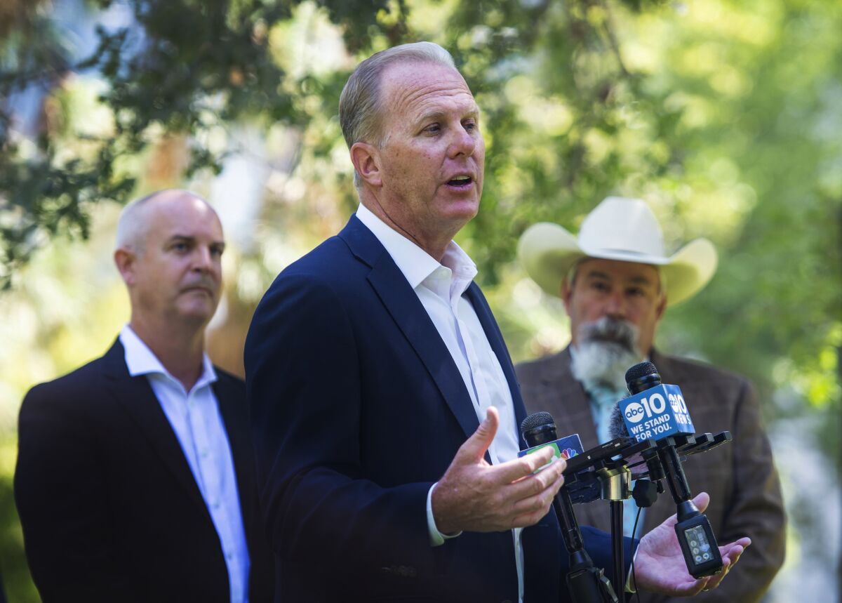 Former San Diego Mayor and Republican candidate for governor, Kevin Faulconer, at a press conference in Sacramento on July 13