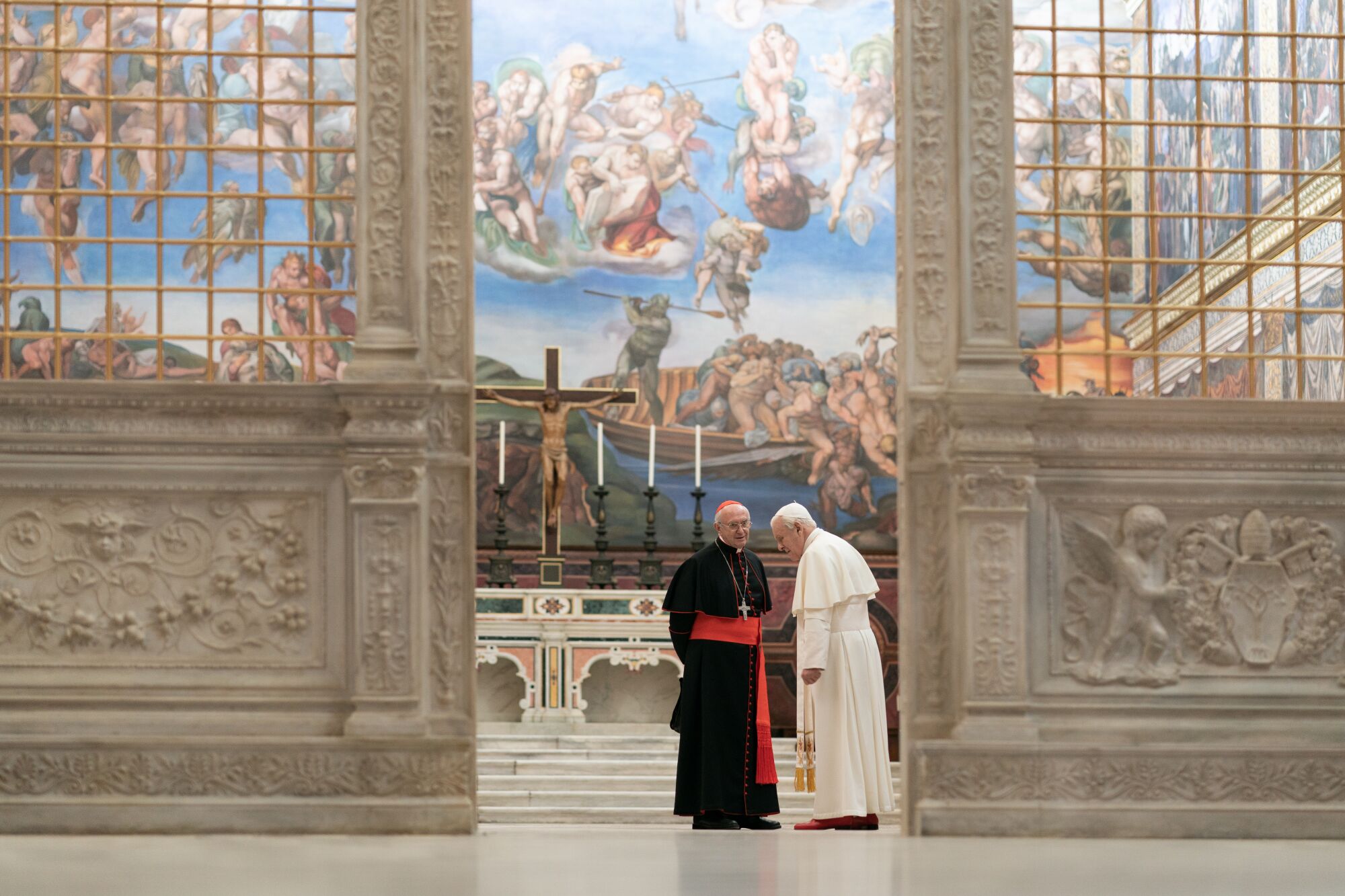 A major scene in Netflix's "The Two Popes" required a reconstruction of the Sistine Chapel. 