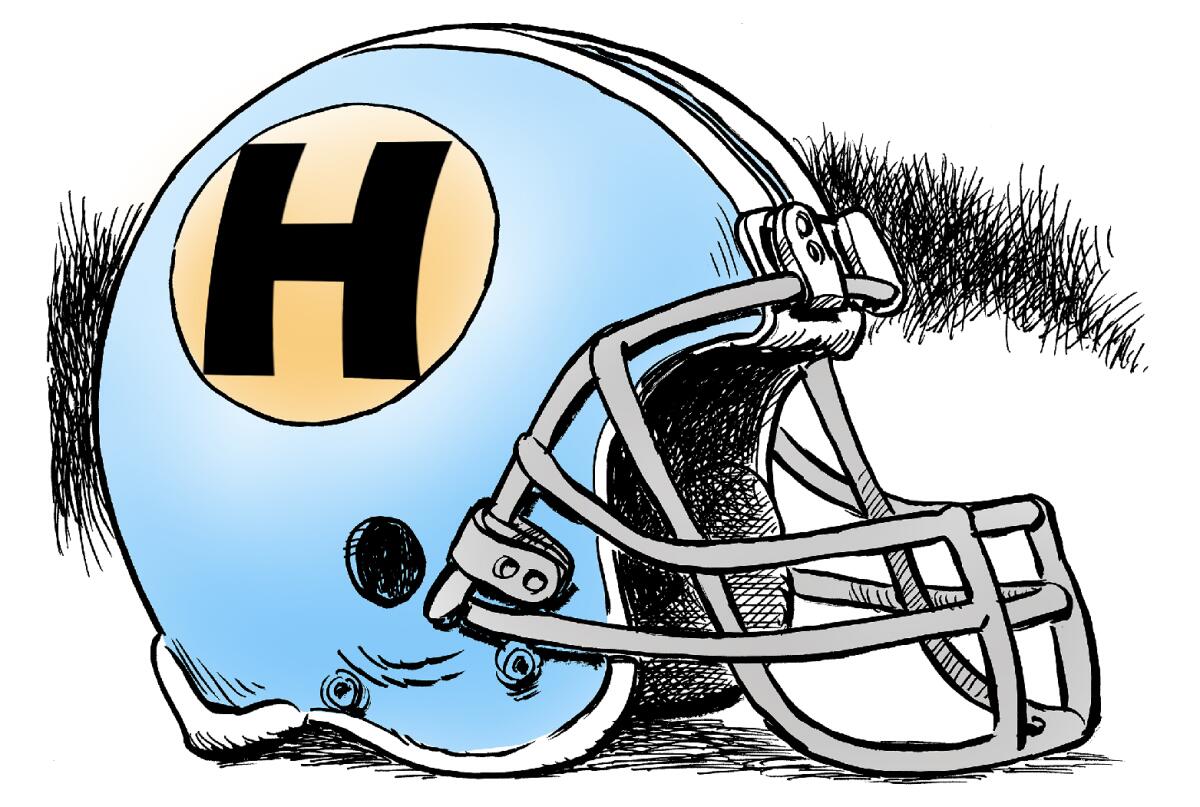 An illustration of a football helmet with a logo of an H on an orange circle