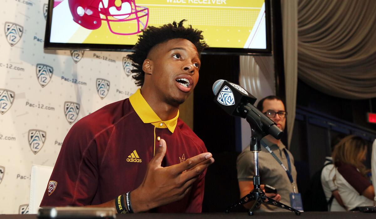 Arizona State wide receiver Tim White speaks at the Pac-12 media days on Friday.