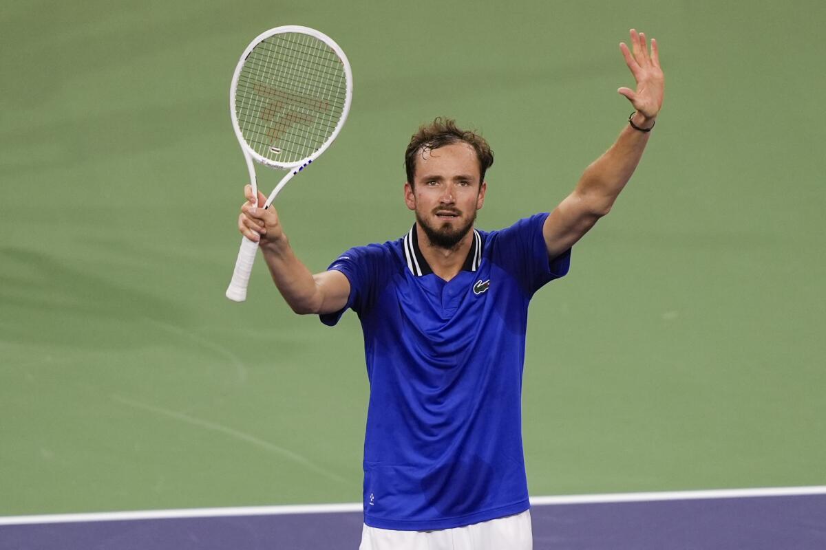 Daniil Medvedev celebrates after defeating Tommy Paul in the BNP Paribas Open semifinals on Saturday night.