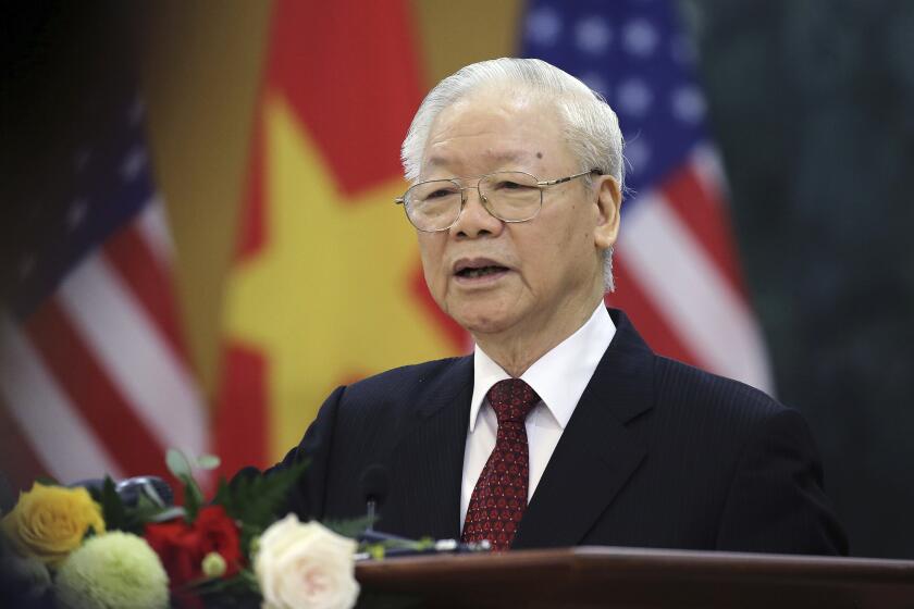 FILE - Vietnamese General Secretary of the Communist Party Nguyen Phu Trong addresses the media in Hanoi, Vietnam, on Sept. 10, 2023. The powerful head of Vietnam’s ruling Communist Party, has died, official media say on Friday, July 19, 2024. (Luong Thai Linh/Pool Photo via AP, File)