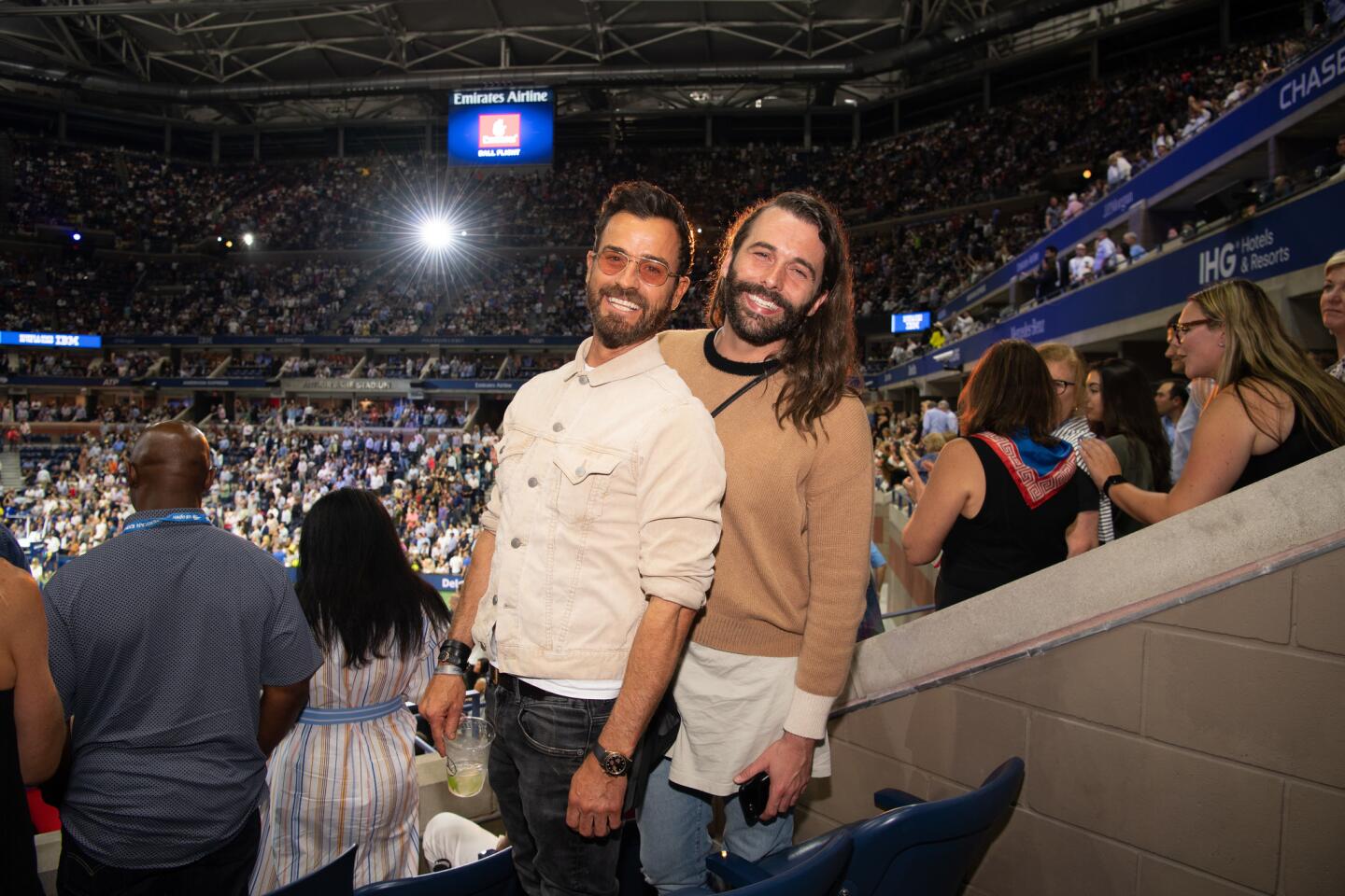 Justin Theroux and Jonathan Van Ness enjoy The Mercedes-Benz VIP Suite at the U.S. Open at Arthur Ashe Stadium on Sept. 3, 2019, in New York City.