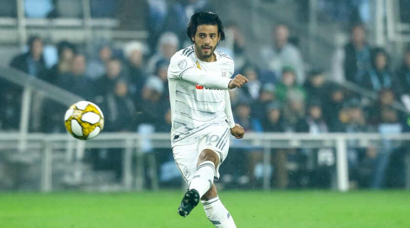 LAFC's Carlos Vela passes the ball during a 1-1 draw with Minnesota United FC on Sunday.