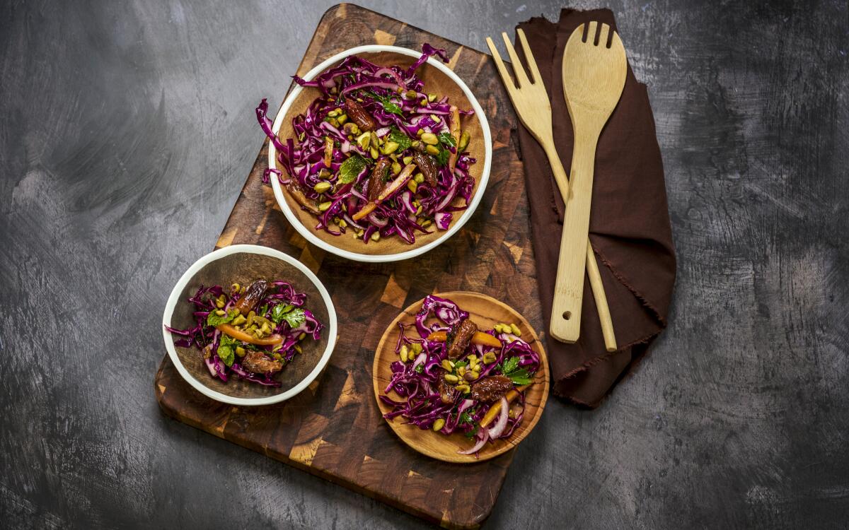 Chewy Deglet Noor dates add sweetness to this crunchy slaw brightened with preserved lemon.