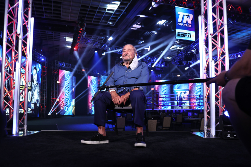 Bob Arum is interviewed before a fight between Jamel Herring and Jonathan Oquendo on Sept. 5 at the MGM Grand  in Las Vegas.