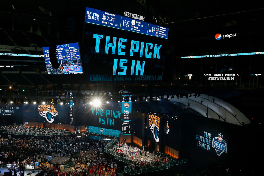 ARLINGTON, TX - APRIL 26: A video board displays the text "THE PICK IS IN" for the Jacksonville Jaguars.