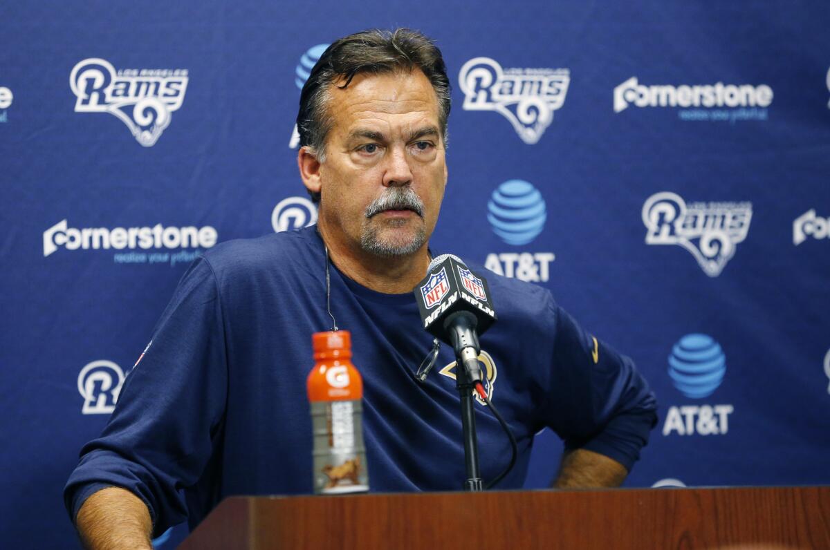 Rams Coach Jeff Fisher addresses the media after his team's 31-28 loss to the Detroit Lions on Oct. 16.