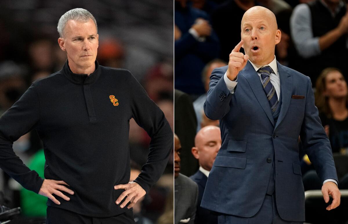 USC coach Andy Enfield and UCLA coach Mick Cronin stand on the sideline during games.