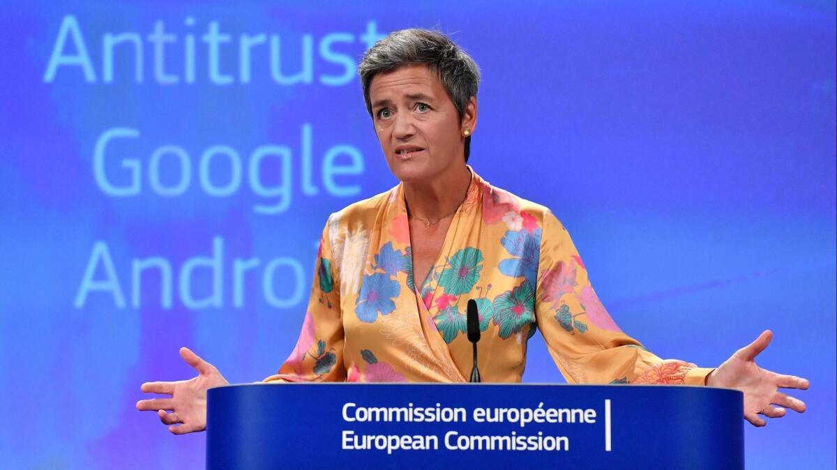 European Union Competition Commissioner Margrethe Vestager gave a joint news conference at the EU headquarters in Brussels on Wednesday.