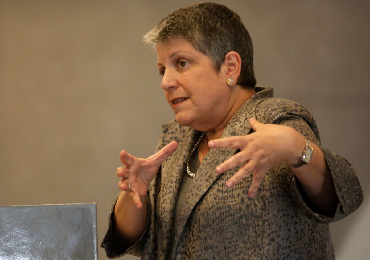 University of California President Janet Napolitano speaks at a 2014 town hall.