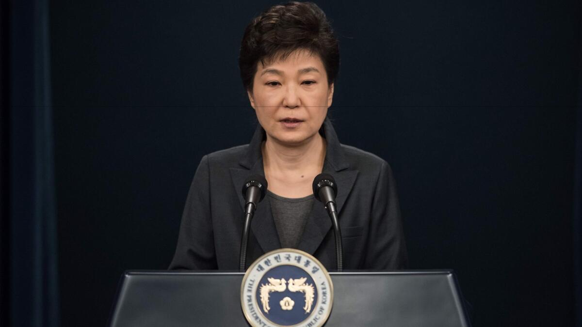 South Korea's President Park Geun-hye speaks during an address to the nation at the presidential Blue House in Seoul on Nov. 4, 2016.