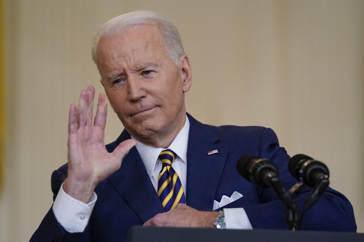 President Joe Biden gestures as he speaks during a news conference in the East Room of the White House in Washington, Wednesday, Jan. 19, 2022. (AP Photo/Susan Walsh)