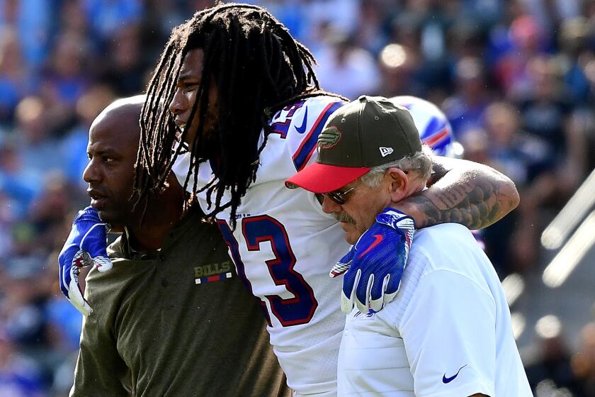 CARSON, CA - NOVEMBER 19: Kelvin Benjamin #13 of the Buffalo Bills leaves the field after getting injured in the first quarter during the game against the Los Angeles Chargers at the StubHub Center on November 19, 2017 in Carson, California. (Photo by Harry How/Getty Images) ** OUTS - ELSENT, FPG, CM - OUTS * NM, PH, VA if sourced by CT, LA or MoD **