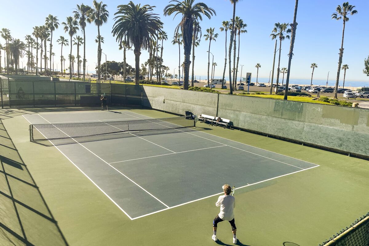 A person plays on a tennis court with palm trees a view of the ocean in the background. 