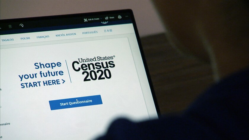 A screen with a prompt to start the census questionnaire, below the words Shape your future and United States Census 2020 