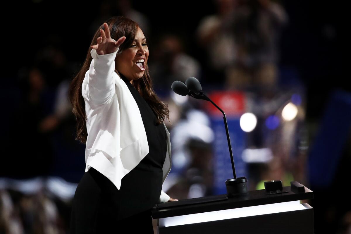 Lynne Patton, vice president of the Eric Trump Foundation, delivers a speech on the third day of the Republican National Convention on July 20, 2016, at the Quicken Loans Arena in Cleveland.